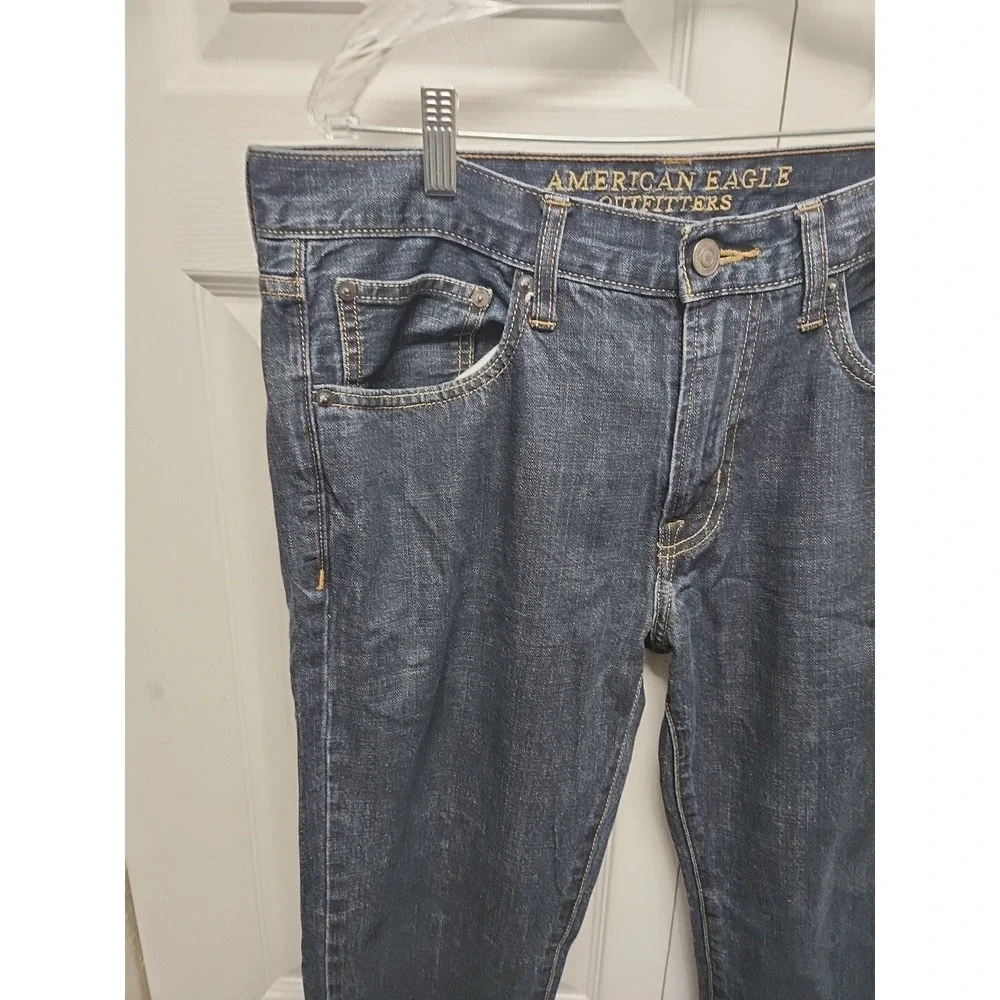 American Eagle Jeans Mens 32X29 Original Straight Leg Dark Blue‎ Denim Raw Hem
